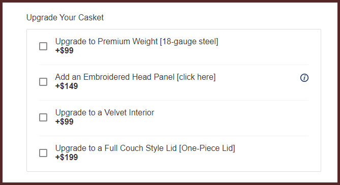 casket upsell examples screenshot from online casket seller