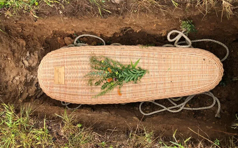 wicker casket in natural burial grave
