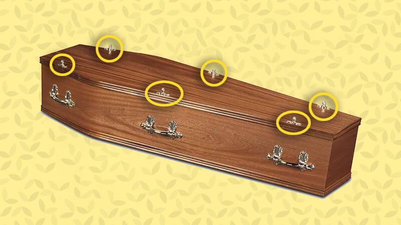wooden coffin with sealing tabs circled
