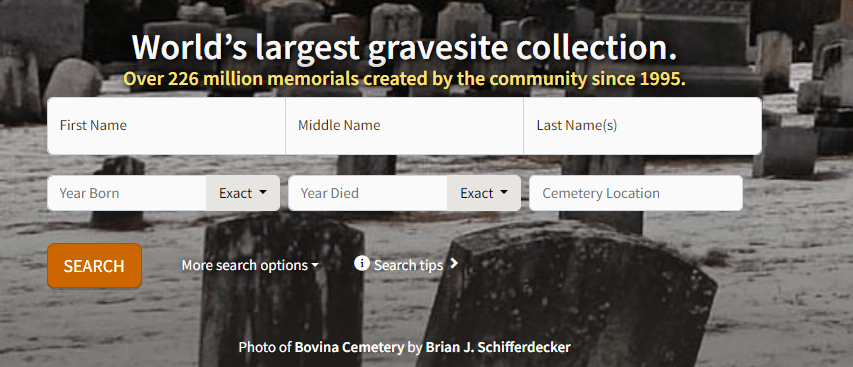 findagrave.com death information search screenshot annotated