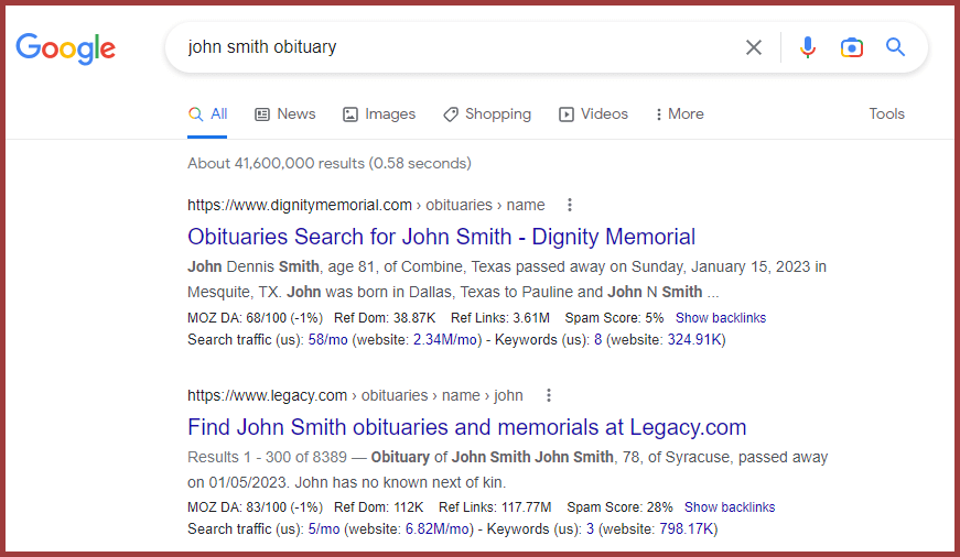 google search for john smith obituary screenshot example