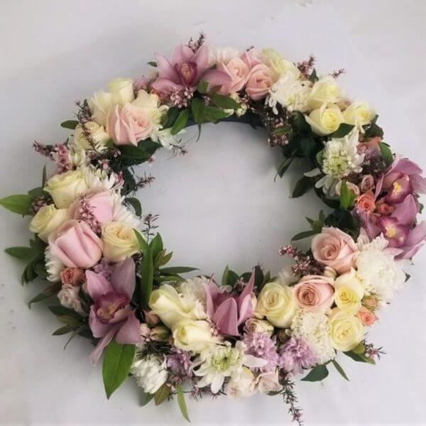 Funeral Wreath with Pink and Yellow Roses