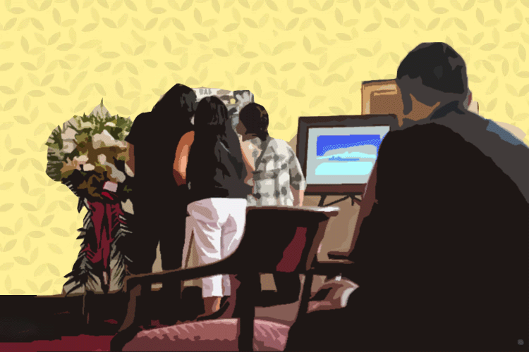 Family of Four At a Funeral Viewing in a Funeral Home on Custom Stylized Background