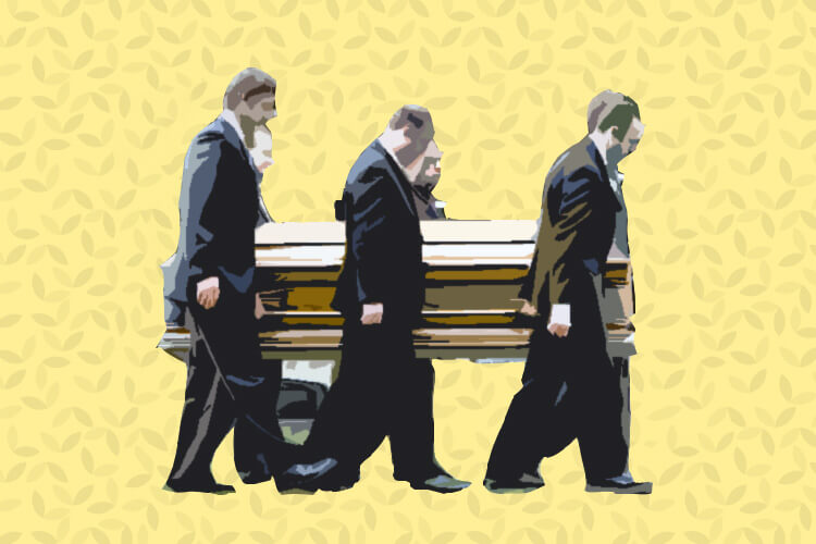 6 Men Carrying Casket Feet First on Stylized Background