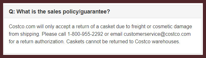 costco return policy for caskets screenshot