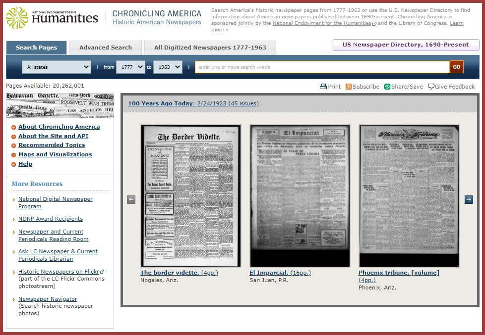 chronicling american obituary search screenshot
